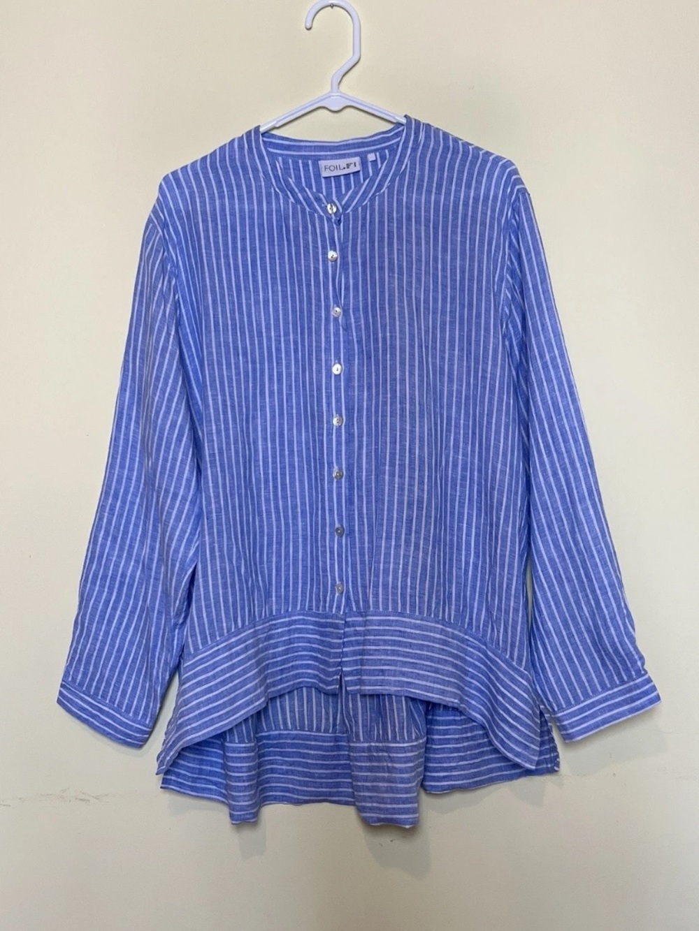 FOIL Coastal Striped Blouse Tunic Blue White Long Sleeve Size 14 High-low Hem